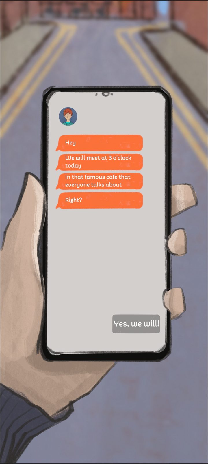 Lifeng texting scene — sending a reply on an in-game phone