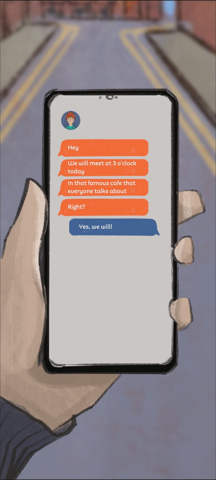 Lifeng texting scene — reading messages on an in-game phone